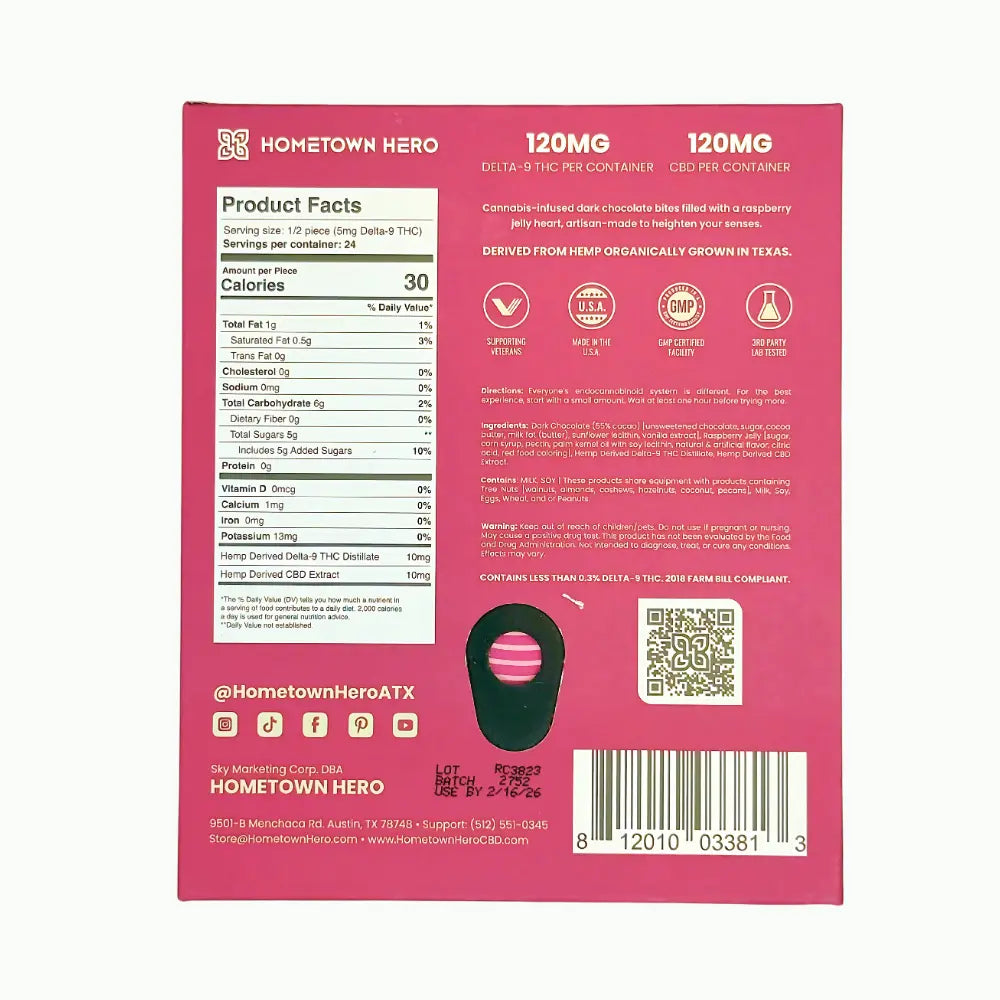 Hometown Hero Dark Chocolate Raspberry Jelly THC + CBD Bites – 12 Pack
