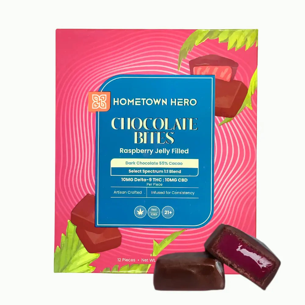 Hometown Hero Dark Chocolate Raspberry Jelly THC + CBD Bites – 12 Pack